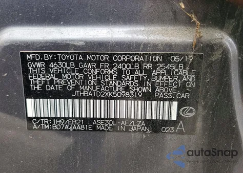2019 Lexus Is 300 from USA, damaged, VIN JTHBA1D2XK5098319